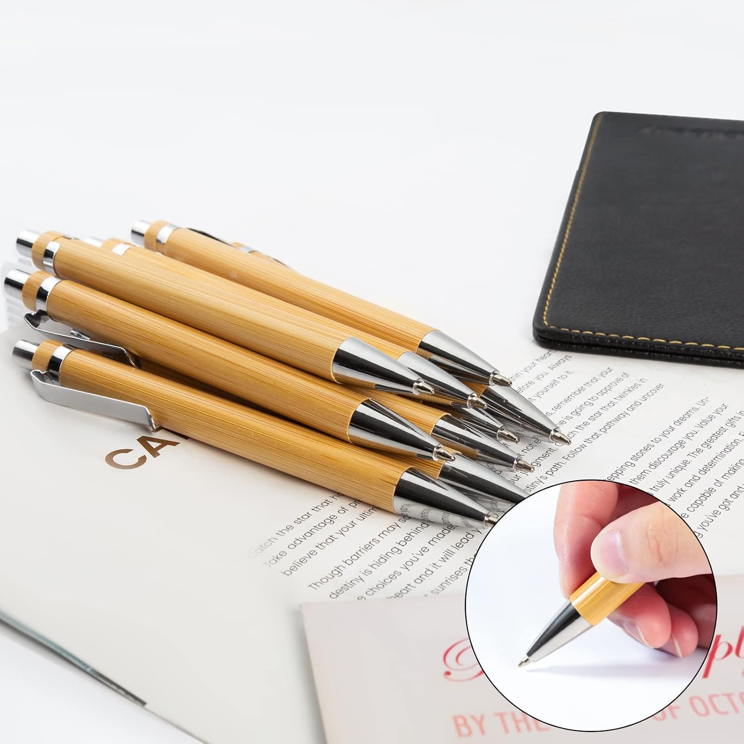 Bamboo Retractable Ballpoint Pen(12 pack),Black ink 1mm Sustainable Pens for Journaling Writing Office Supplies Eco Friendly Products Pick and Promo