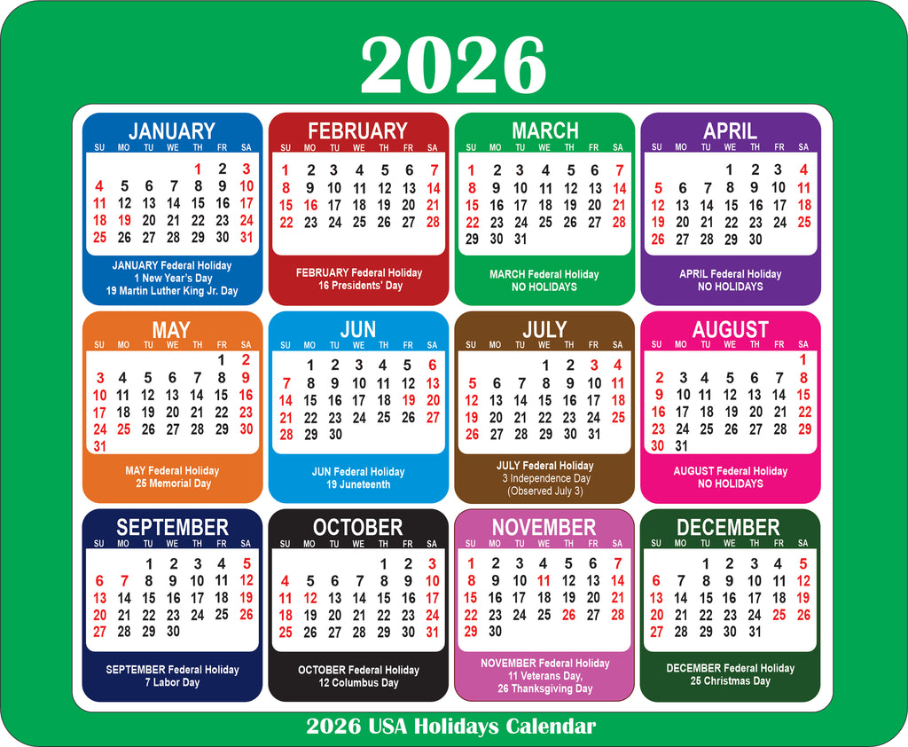 2026 Calendar Mouse Pad with Holidays Non-Slip Rubber Base Desk Mat Office Gift