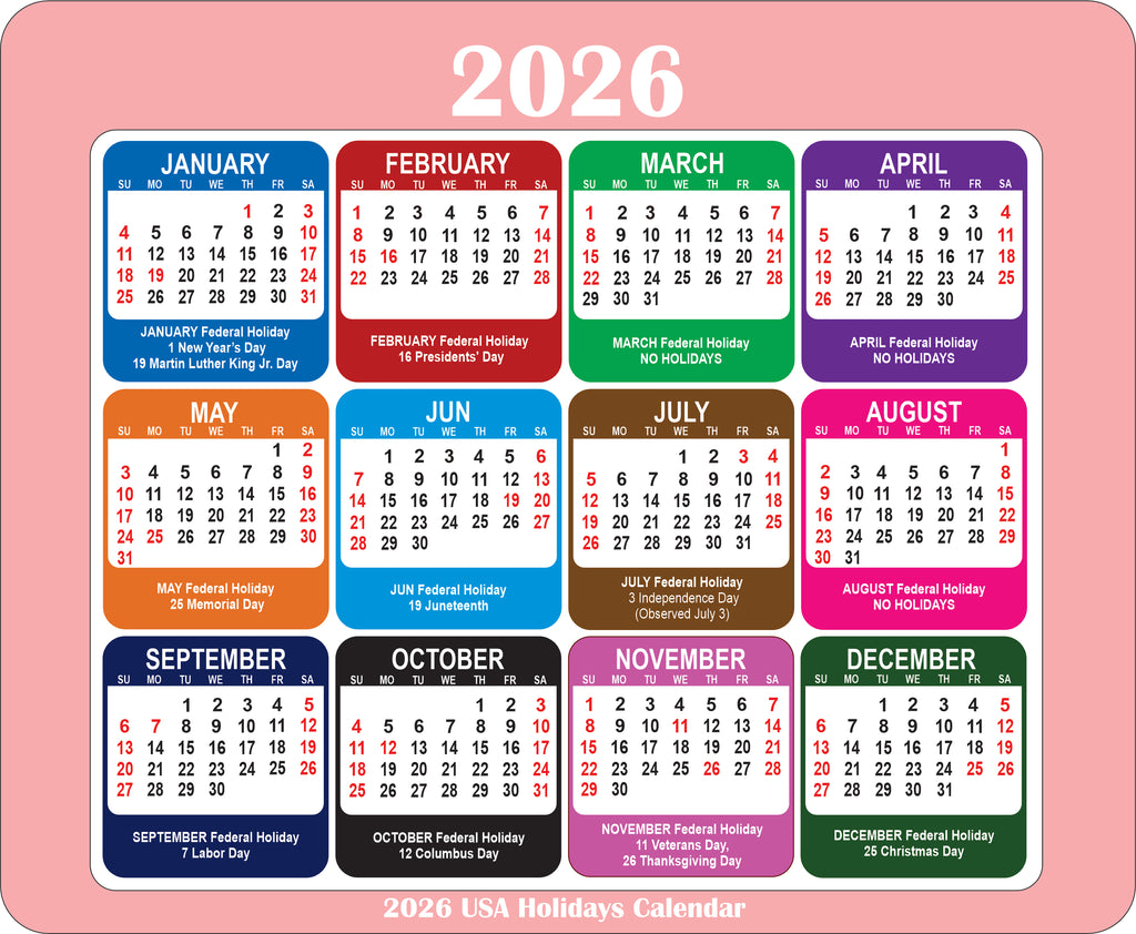 2026 Calendar Mouse Pad with Holidays Non-Slip Rubber Base Desk Mat Office Gift
