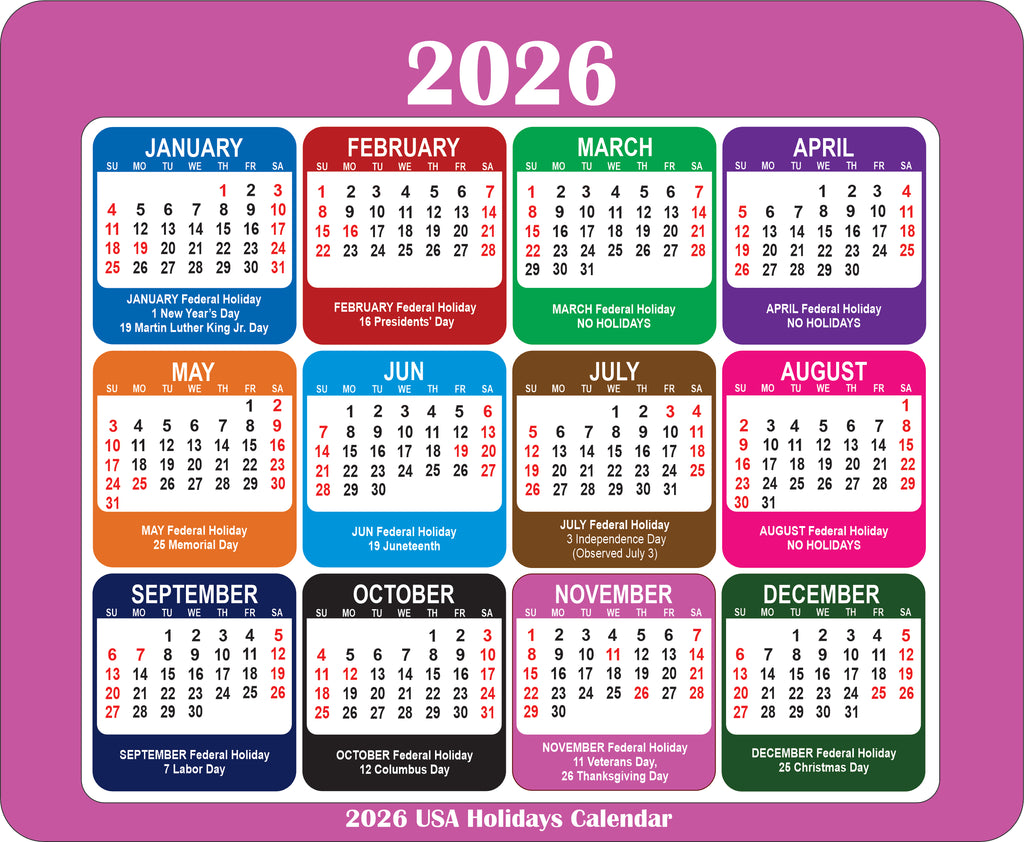 2026 Calendar Mouse Pad with Holidays Non-Slip Rubber Base Desk Mat Office Gift