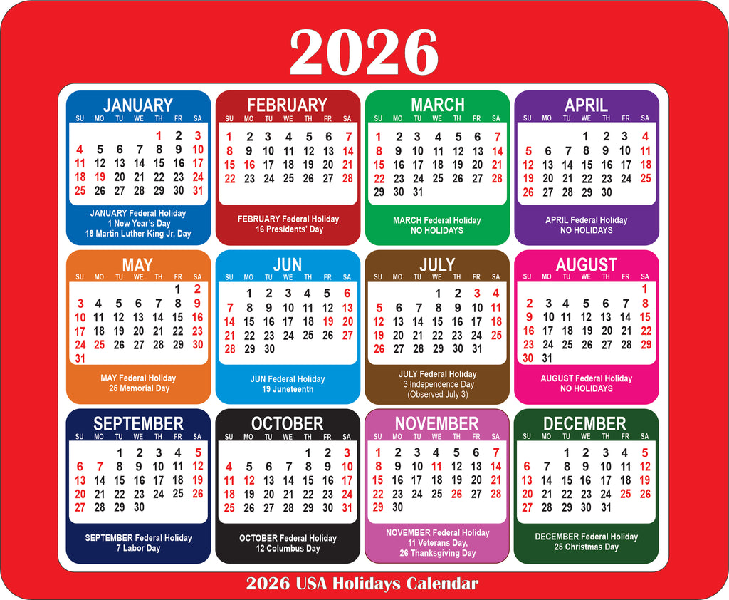 2026 Calendar Mouse Pad with Holidays Non-Slip Rubber Base Desk Mat Office Gift