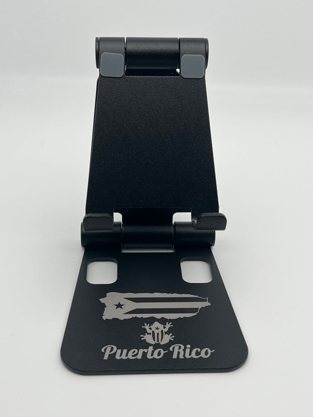 Soporte para teléfono de escritorio portátil Fordable de aluminio negro para regalo, mapa de Puerto Rico y recuerdos de la bandera.