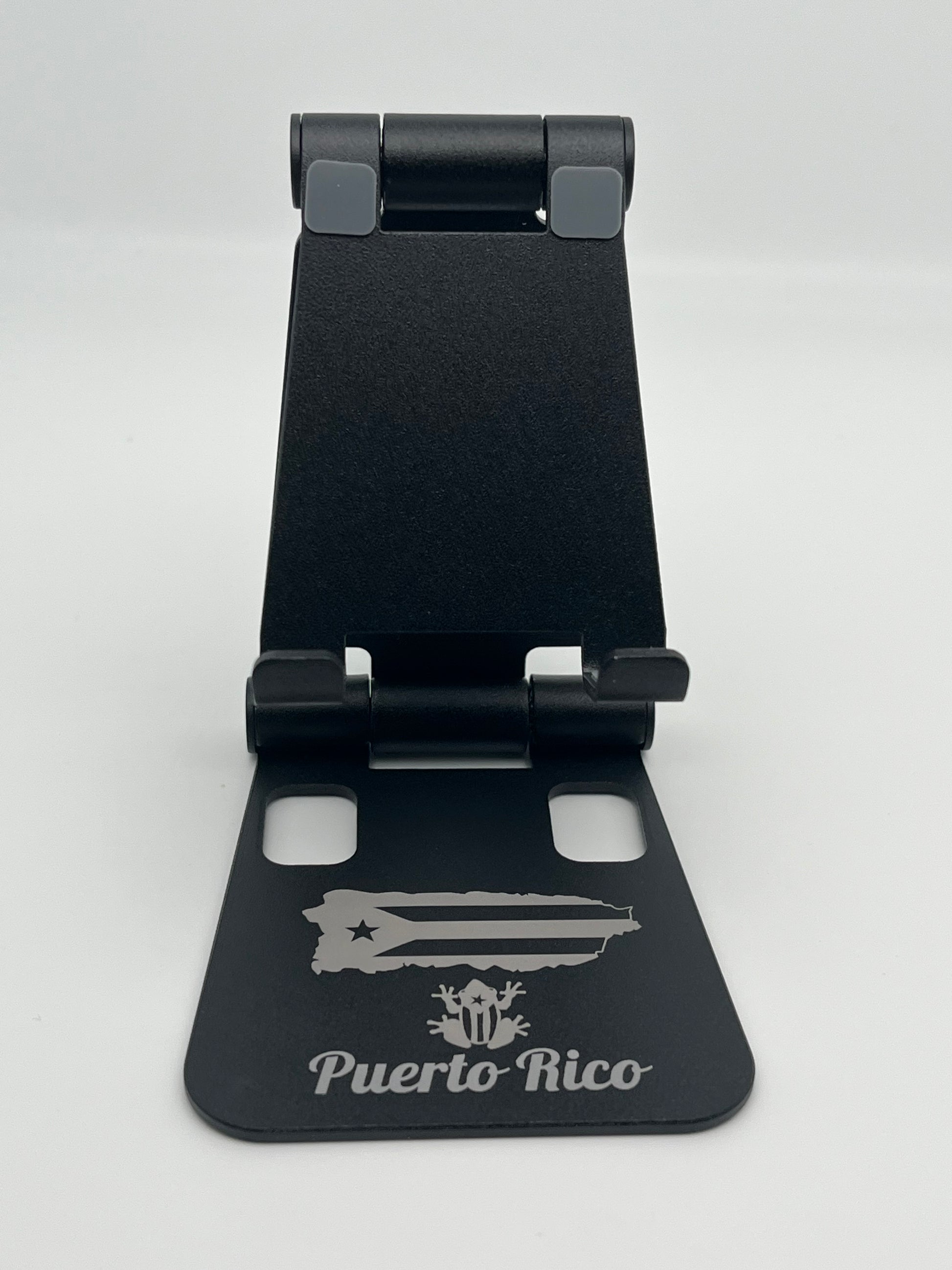 Soporte para teléfono de escritorio portátil Fordable de aluminio negro para regalo, mapa de Puerto Rico y recuerdos de la bandera.