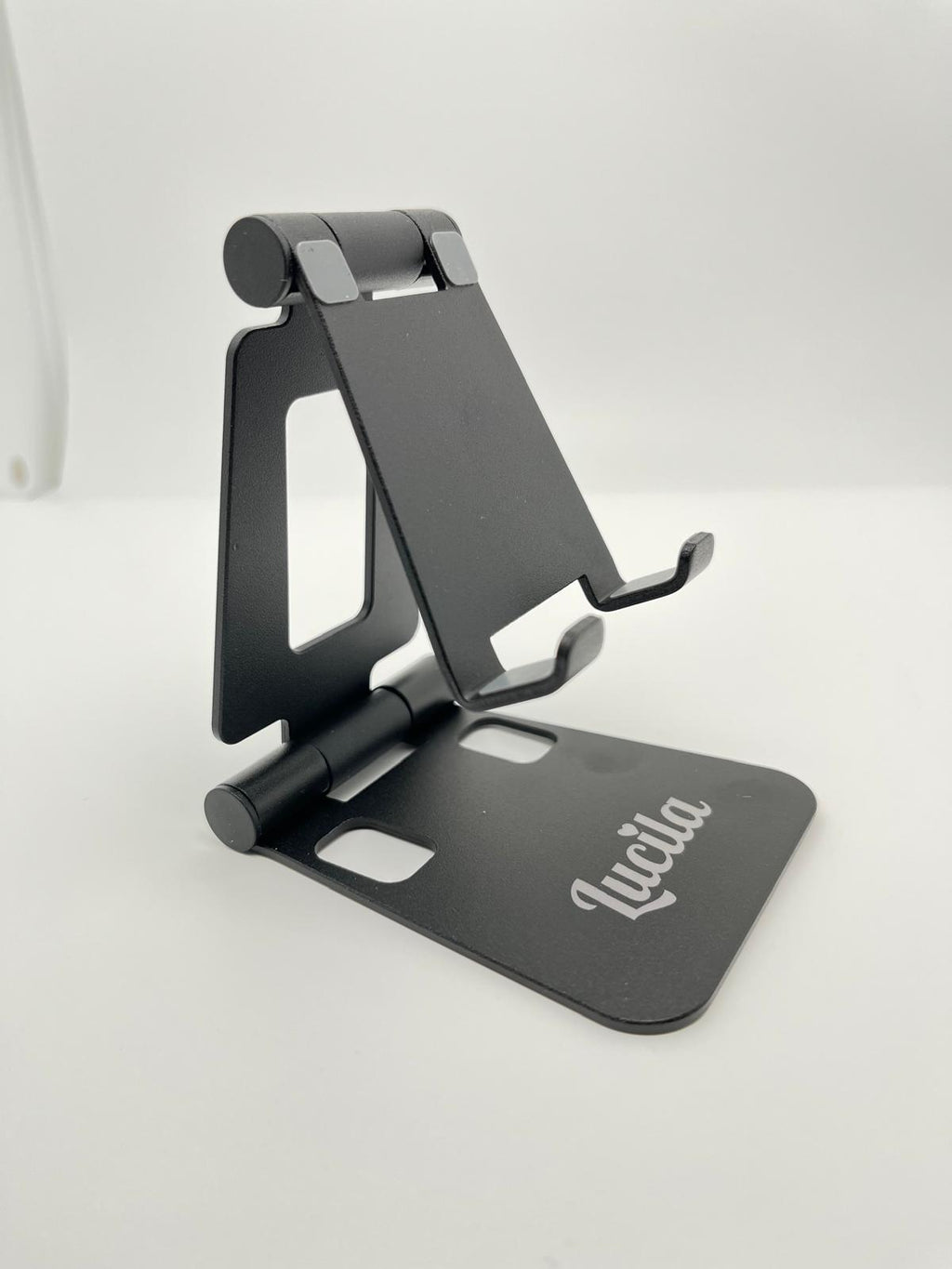 Soporte para teléfono y llavero "Oferta especial" Soporte plegable de aleación de aluminio de doble eje Color negro personalizado