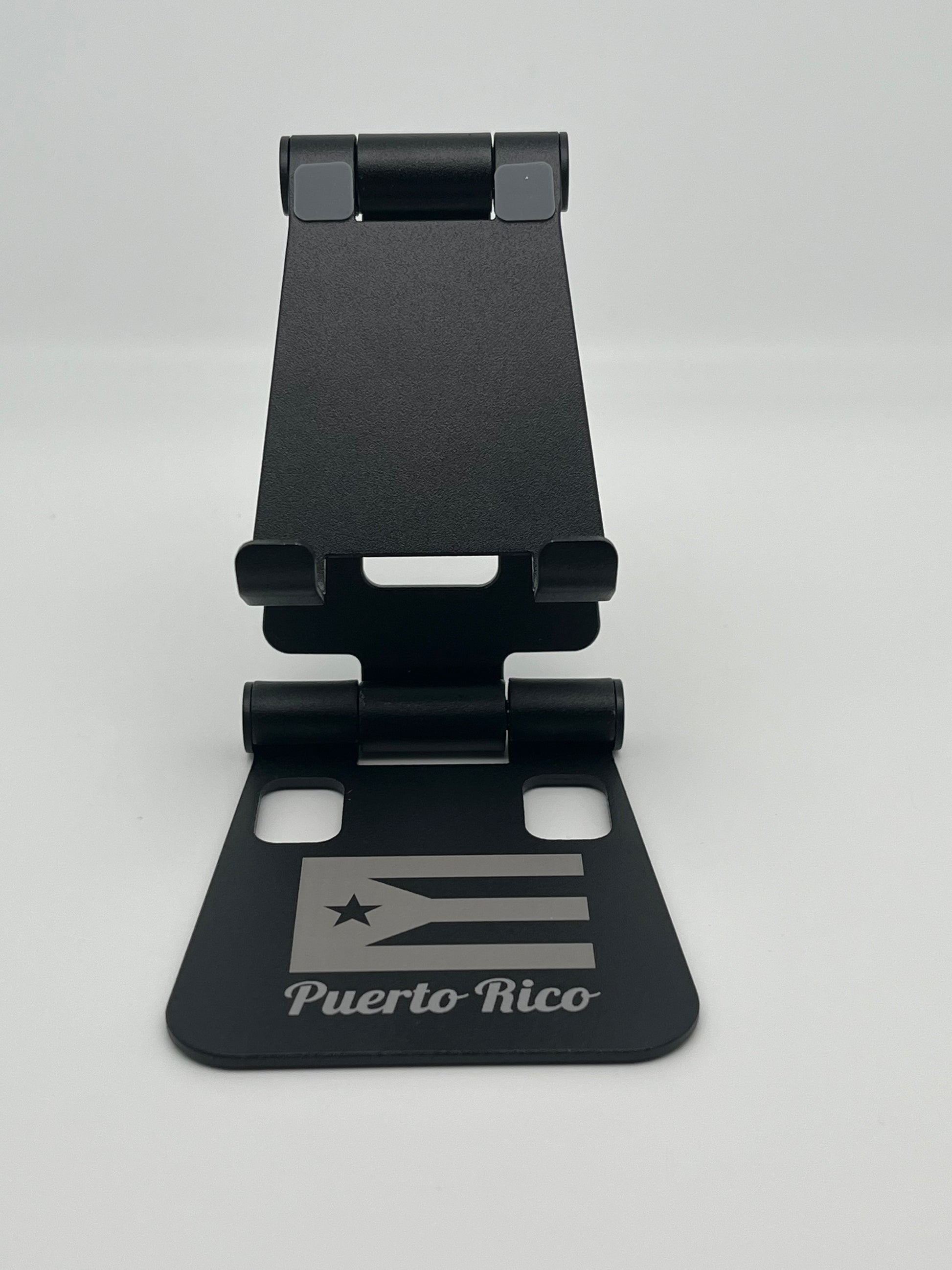 Soporte para teléfono plegable de aleación de aluminio de doble eje, color negro, con recuerdos de Puerto Rico