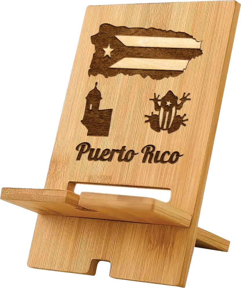 Soporte para teléfono con mapa de madera