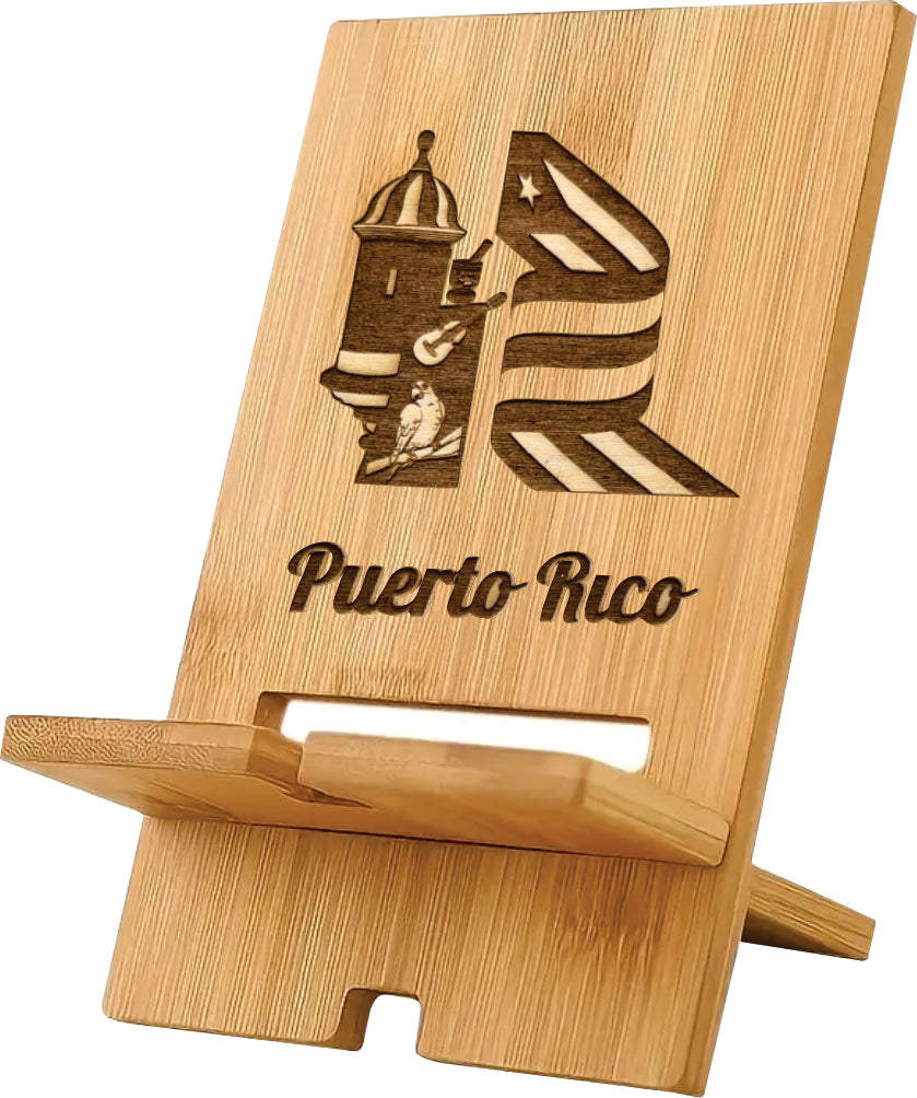 Soporte para teléfono con mapa de madera