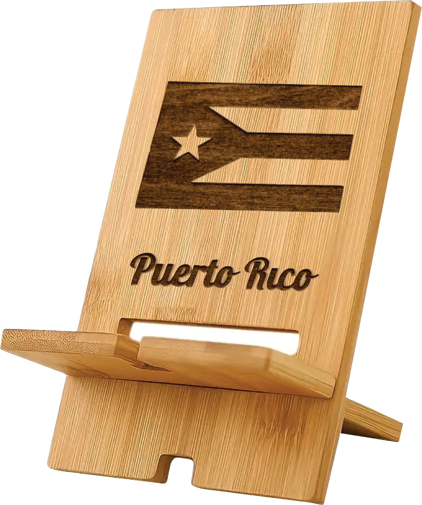 Soporte para teléfono con mapa de madera