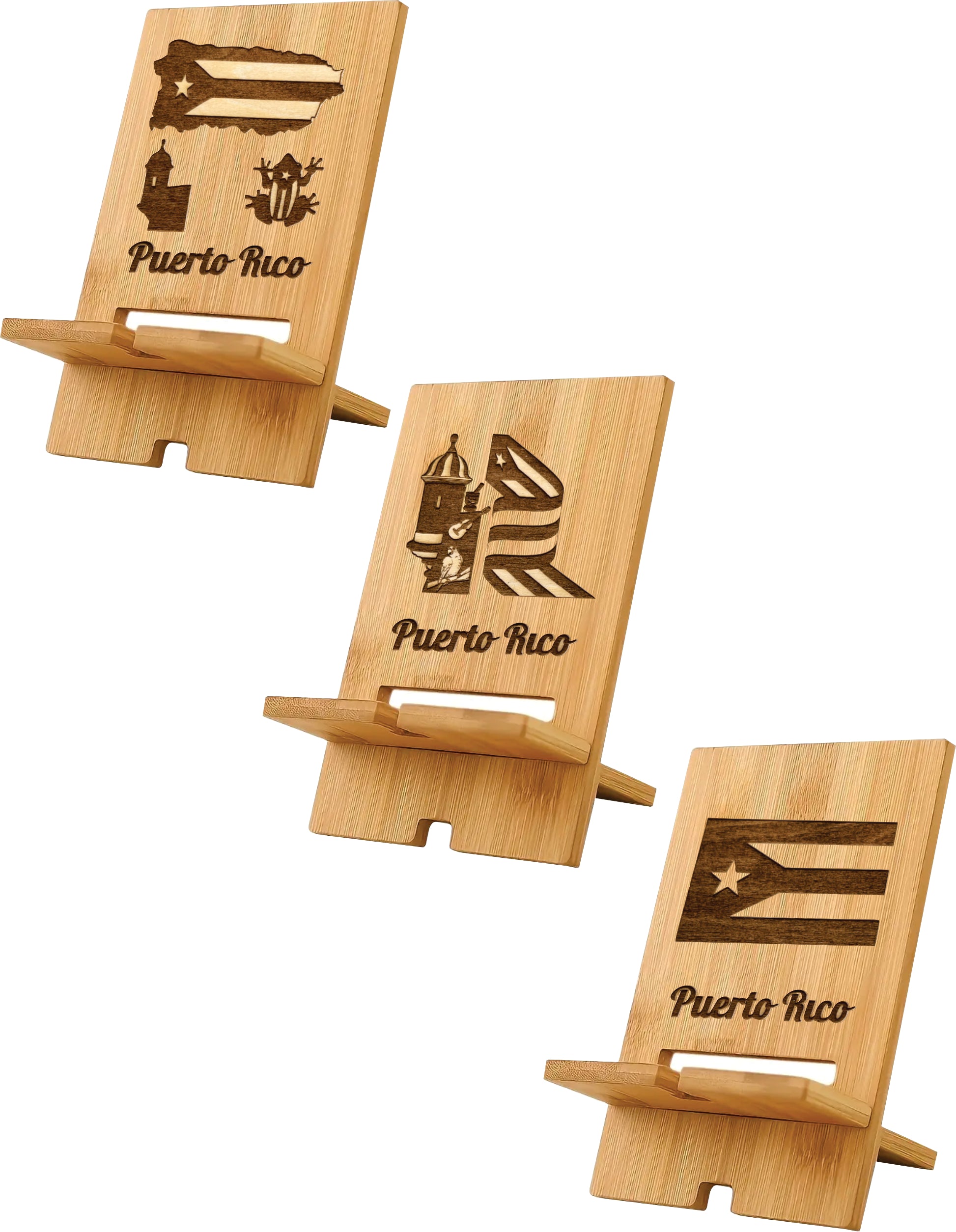 Soporte de teléfono de madera, recuerdos de Puerto Rico, soporte de teléfono de bambú ecológico