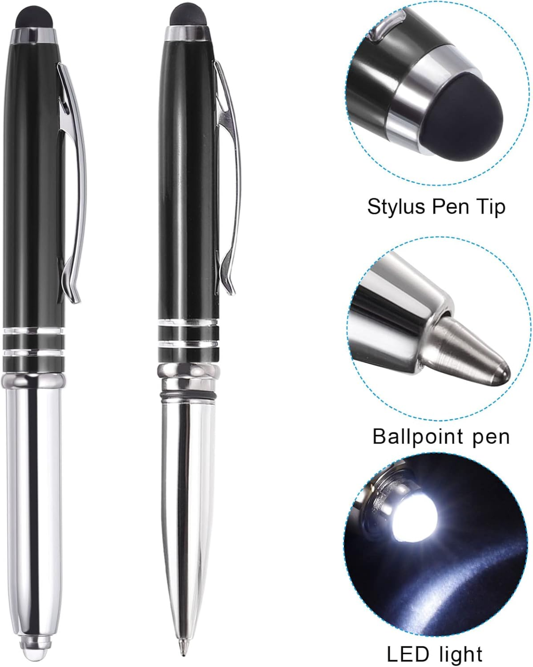 Ballpoint Presidential Stylus Tip and LED Flashlight, 5 Pack 3 in 1 Metal Pen Black Ink 1.0mm Medium Point Pick and Promo