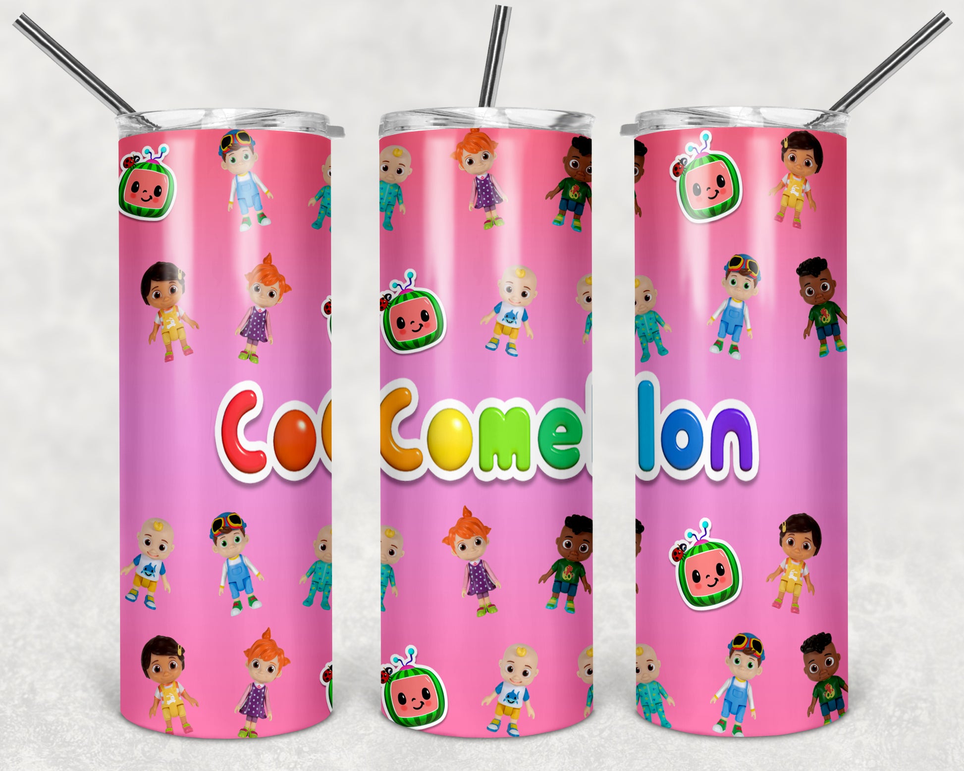 COCOMELON PINK -20oz-stainless-steel-double-wall-skinny-tumbler-with-straw