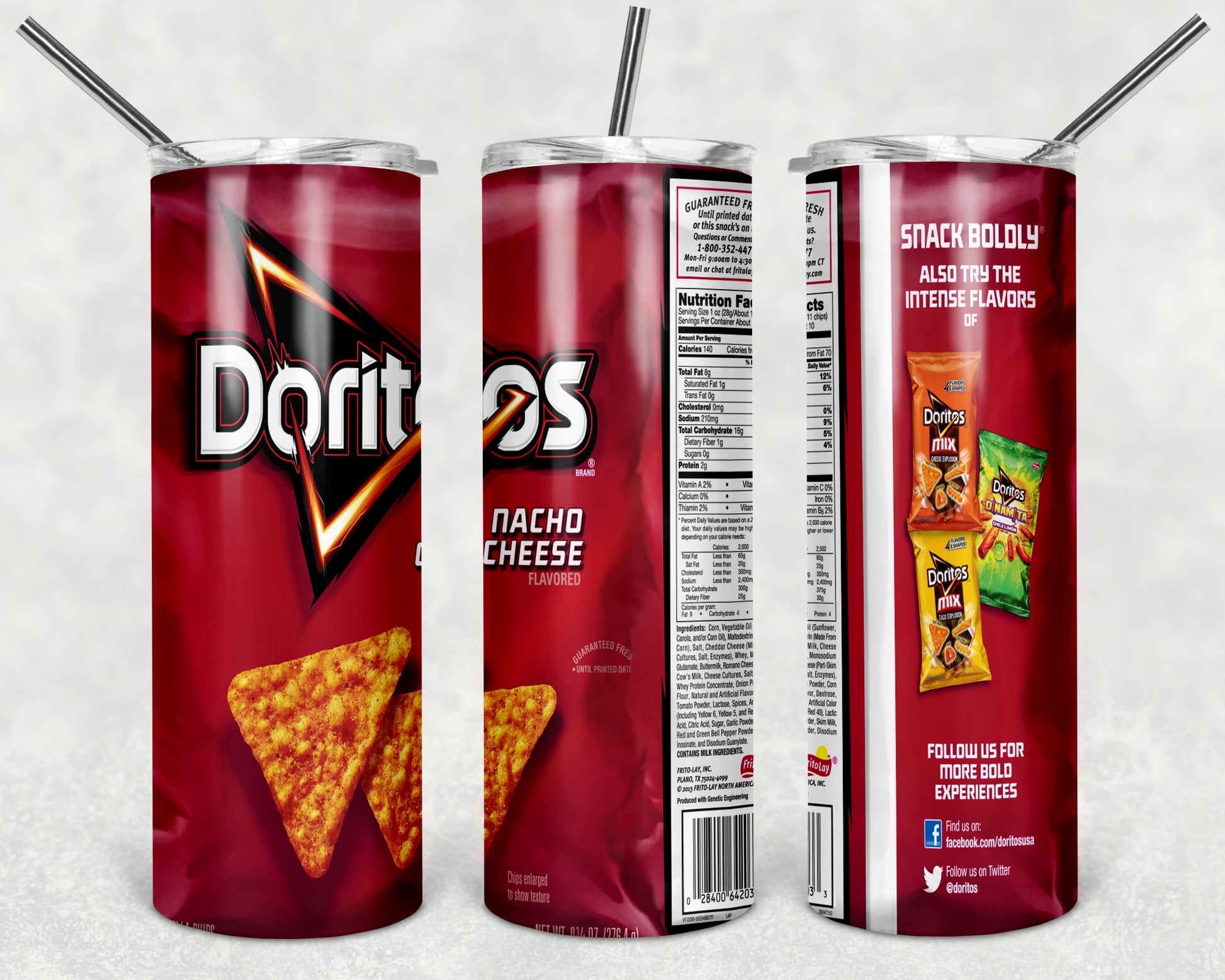 FOOD Dorito Nacho 20oz Stainless Steel Double Wall Skinny Tumbler With Straw