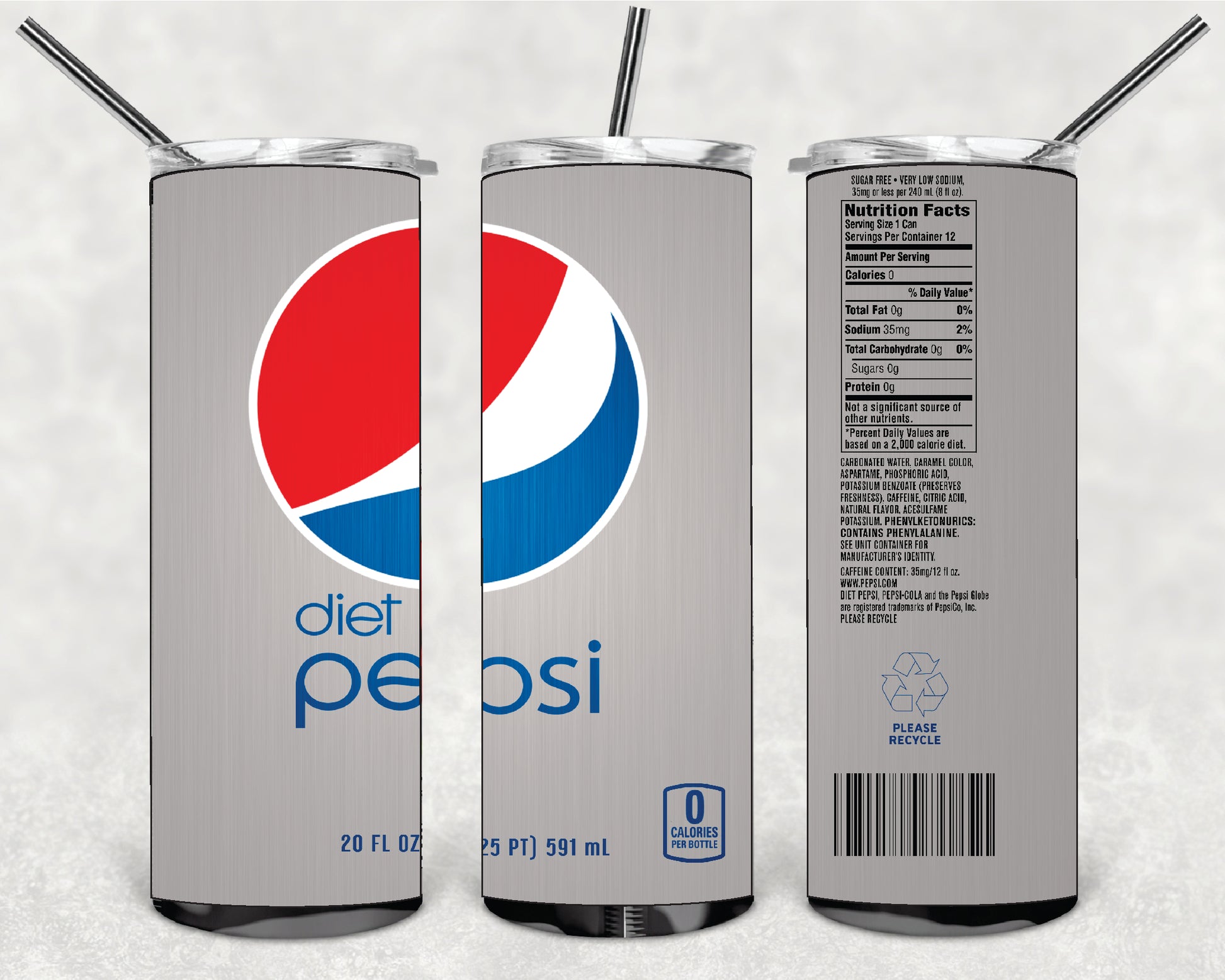 DRINK PEPSI DIET 20oz Stainless Steel Double Wall Skinny Tumbler With Straw