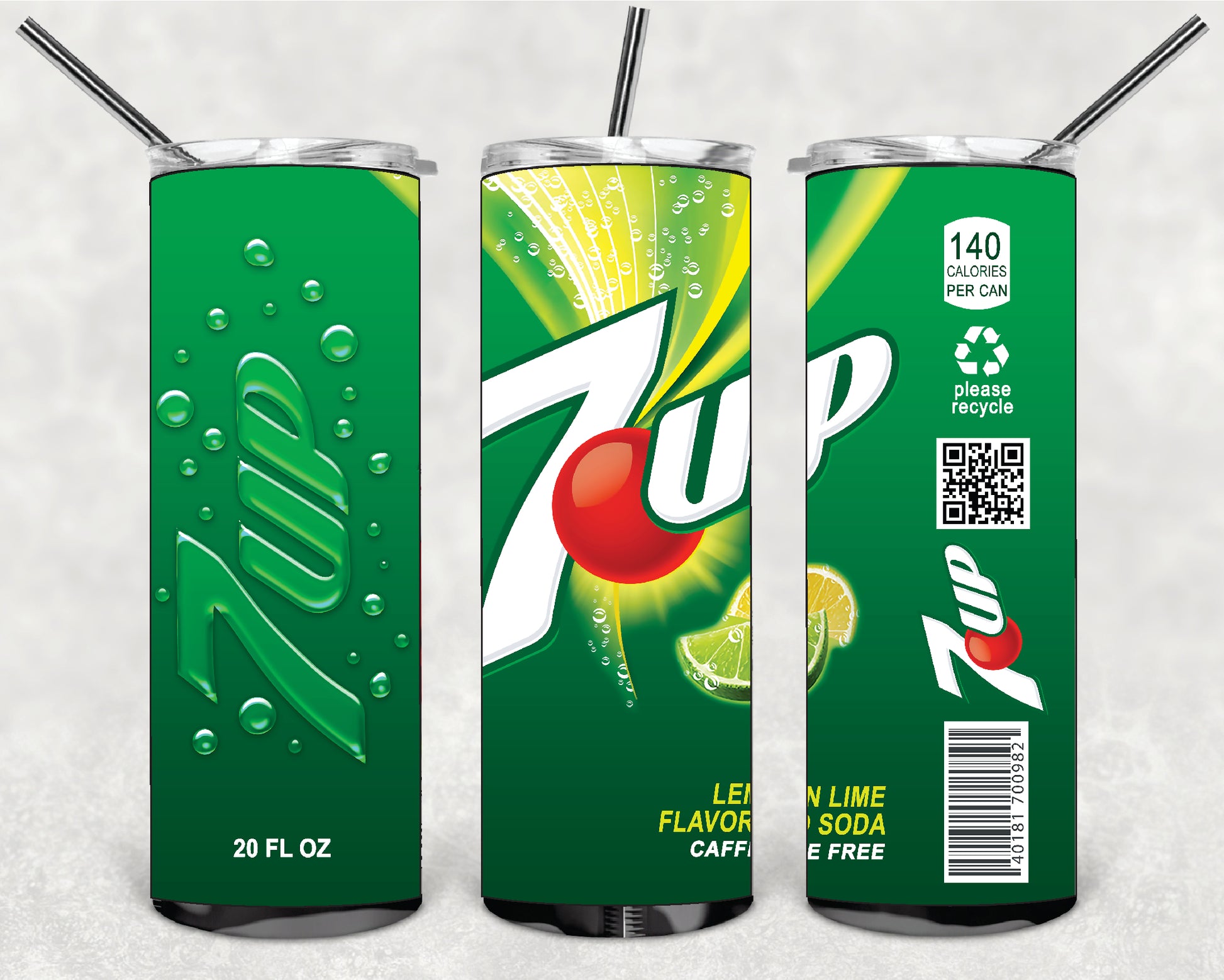 DRINK 7UP 20oz Stainless Steel Double Wall Skinny Tumbler With Straw