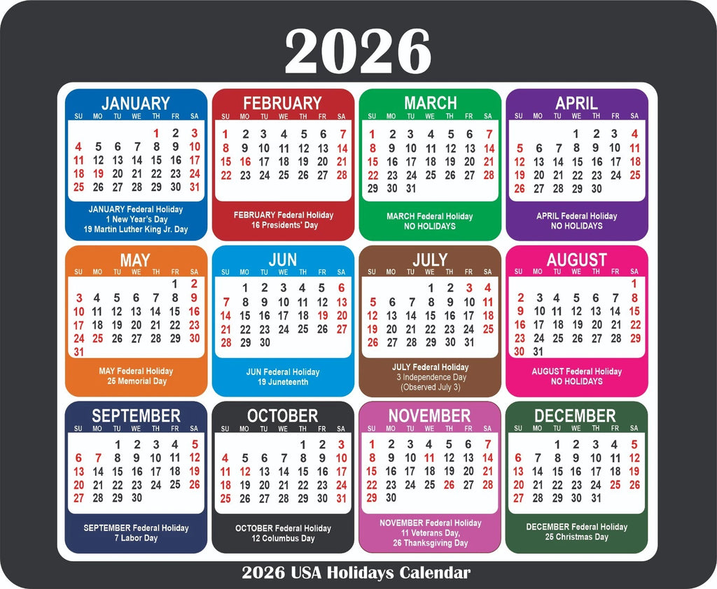 2026 Calendar Mouse Pad with Holidays Non-Slip Rubber Base Desk Mat Office Gift
