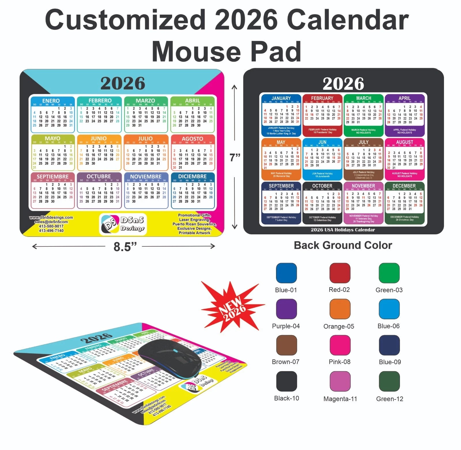 2026 Calendar Mouse Pad with Holidays Non-Slip Rubber Base Desk Mat Office Gift