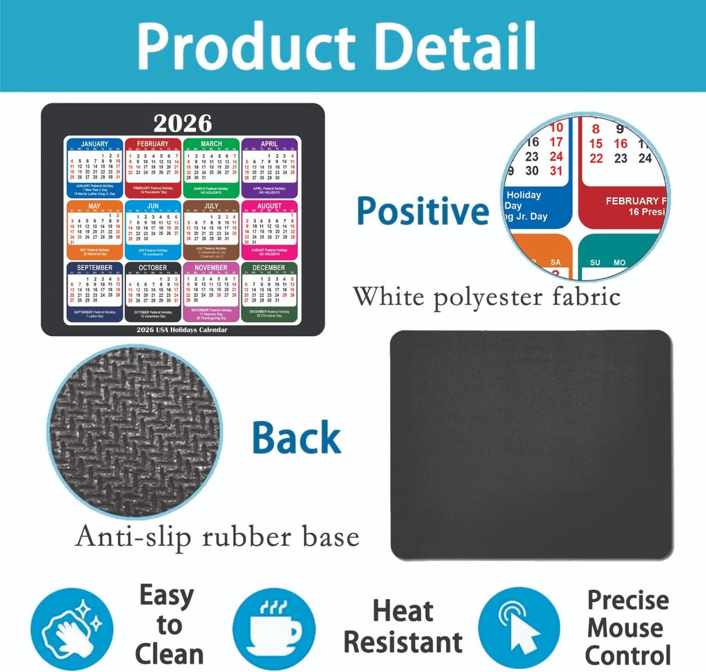 2026 Calendar Mouse Pad with Holidays Non-Slip Rubber Base Desk Mat Office Gift